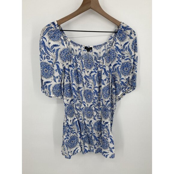 Talbots Trellis Peplum Puff Sleeve Blouse Women Large Blue White Floral Smocked - Picture 2 of 7